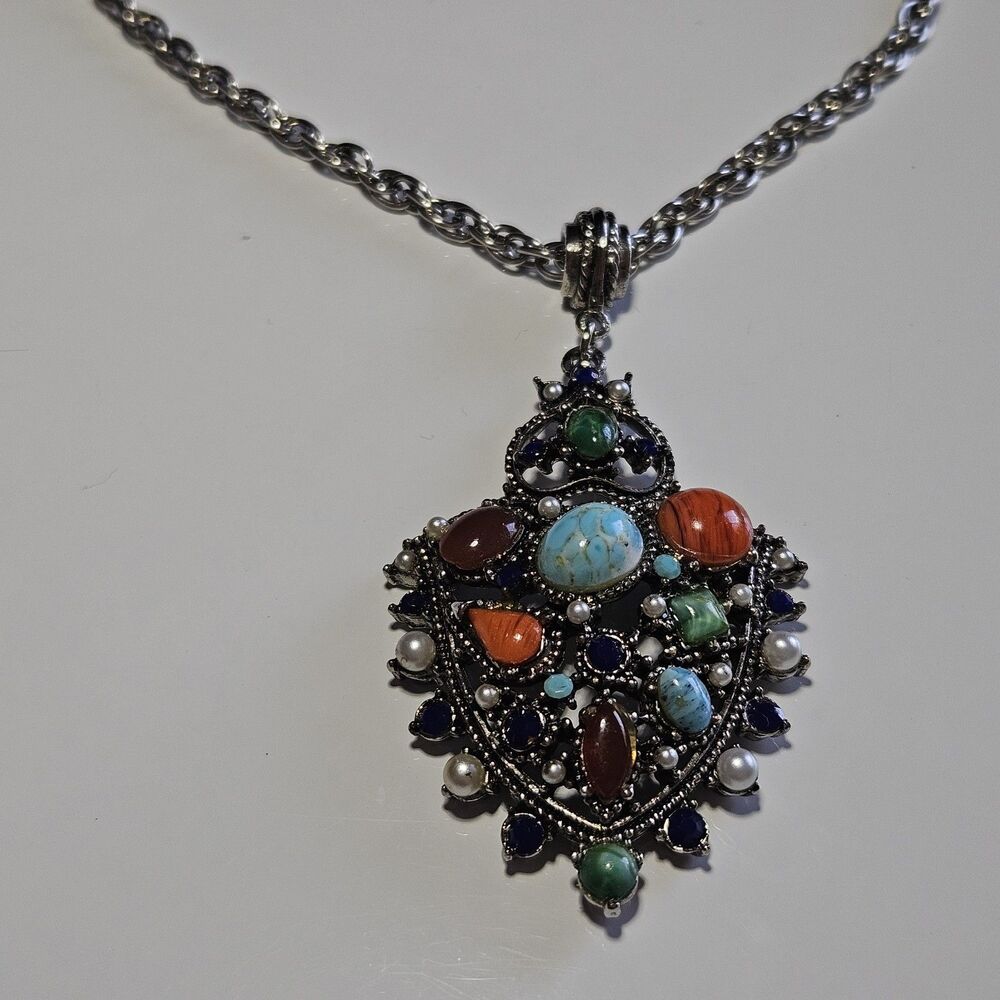 Vintage Hollycraft Faux Turquoise Coral Cabochons Pendant Necklace 21" Slvr Tone